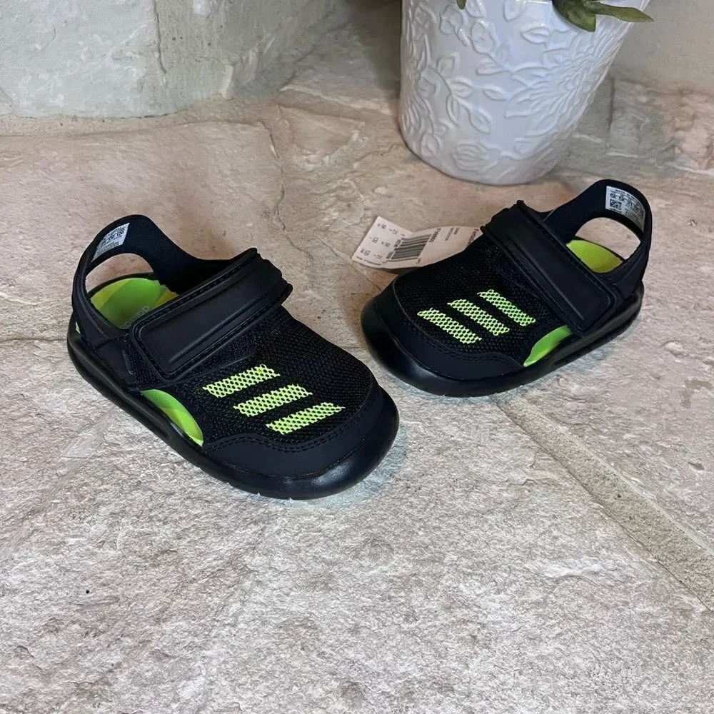 Adidas Fortaswim l black/limegreen water sandals sz 5K